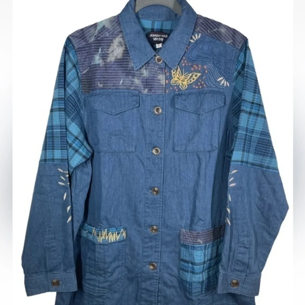 Johnny Was Moonlight Tie Dye Patchwork Military Jacket L Denim Embroidered - Picture 6 of 12